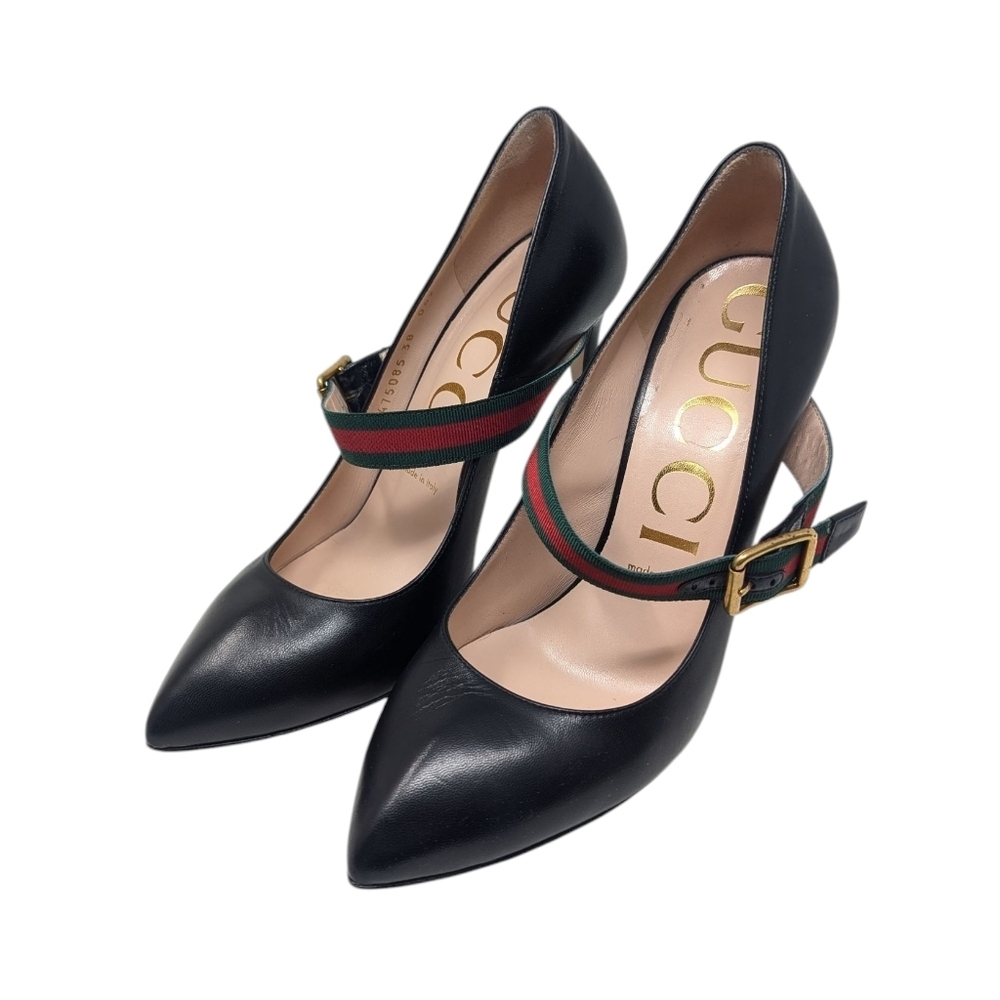 Gucci Malaga Kid Black Leather Pointed Toe Mary Jane Pump Size EU 38